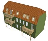 Geplanter Umbau eines Mehrfamilienhauses mit Mansardendach und neu angebaute Holzbalkone
